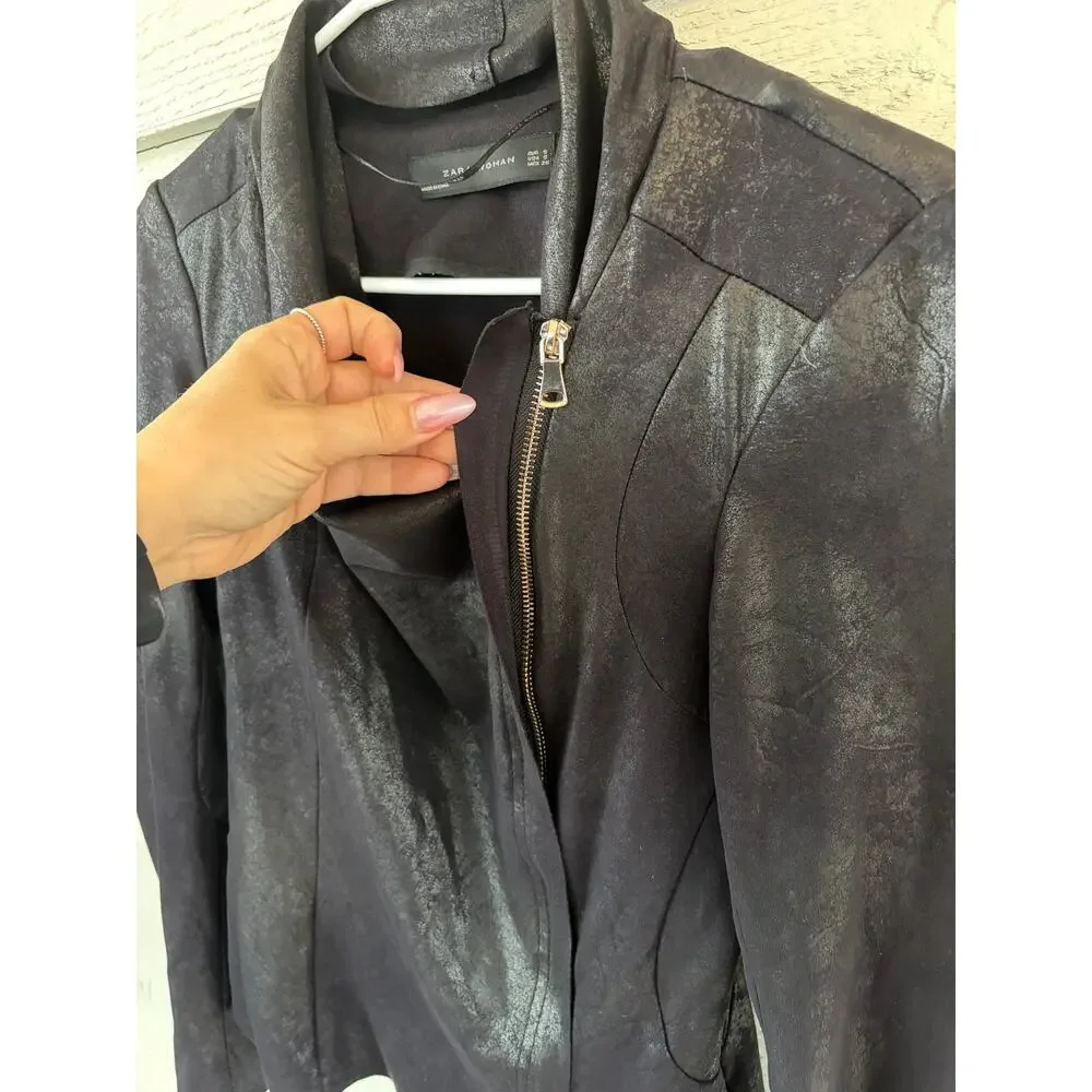 ZARA Woman Metallic Faux Leather Drape Neck Moto Top Jacket Size S - Picture 5 of 6